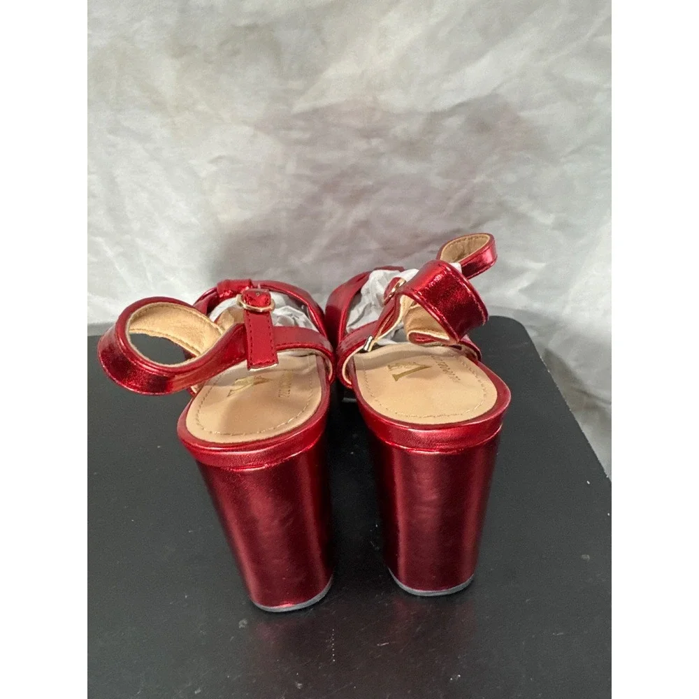 VILOPORLOR Red Metallic Bow Platform Block Heel Sandals Womens Size 8